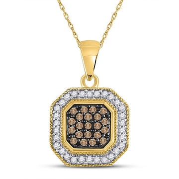 10kt Yellow Gold Womens Round Brown Diamond Octagon Cluster Pendant 1/3 Cttw