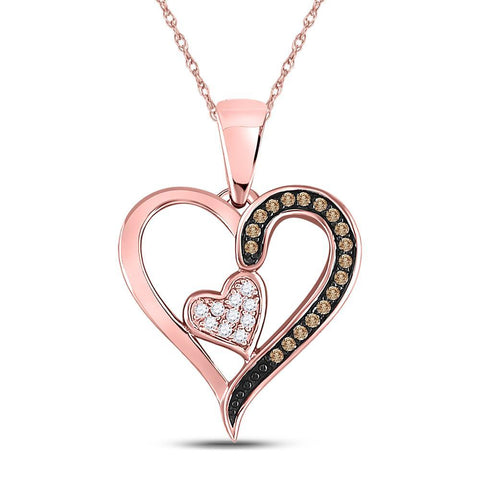 10kt Rose Gold Womens Round Brown Diamond Heart Pendant 1/10 Cttw