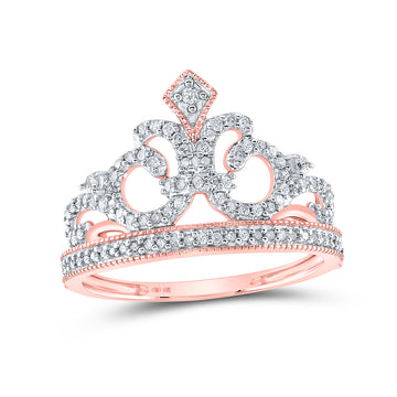10kt Rose Gold Womens Round Diamond Fleur Crown Tiara Fashion Ring 1/5 Cttw