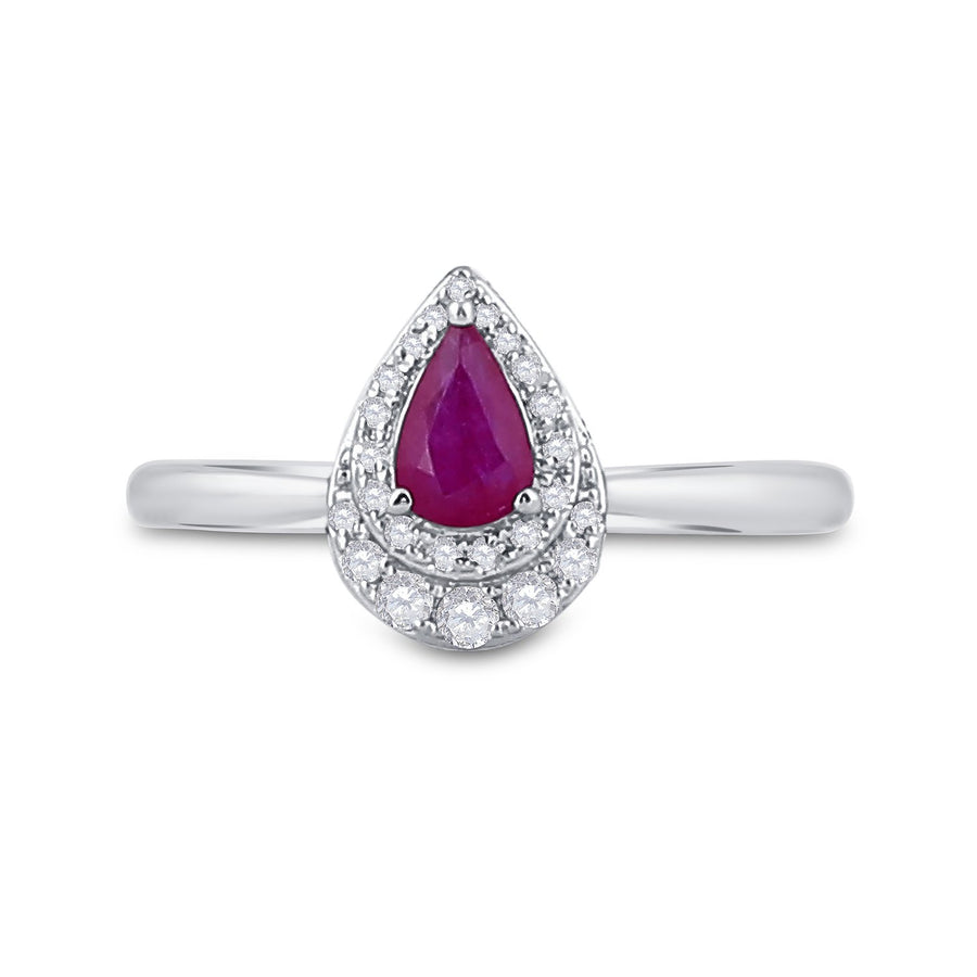 14kt White Gold Womens Pear Ruby Diamond Teardrop Halo Solitaire Ring 3/4 Cttw