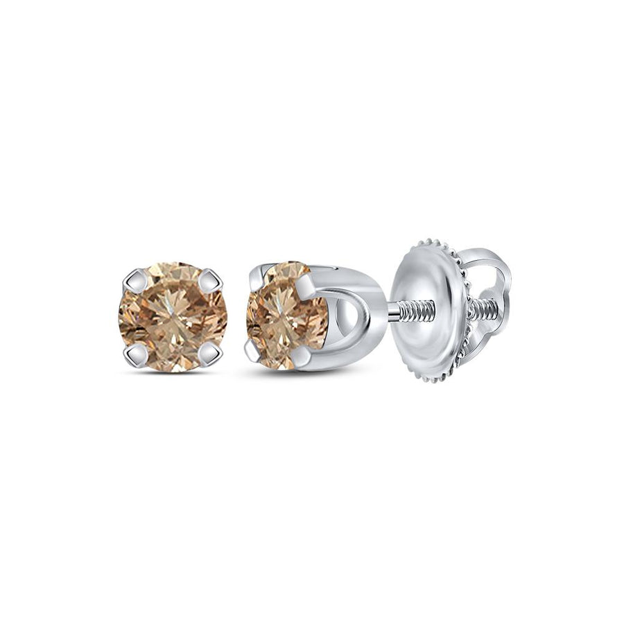 10kt White Gold Womens Round Brown Diamond Solitaire Earrings 1/4 Cttw