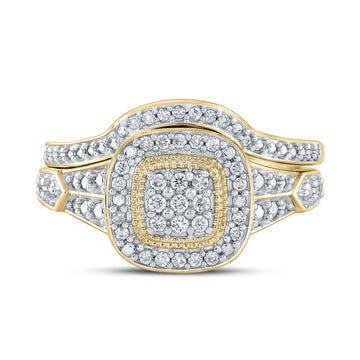 10kt Yellow Gold Round Diamond Cluster Bridal Wedding Ring Band Set 1/5 Cttw