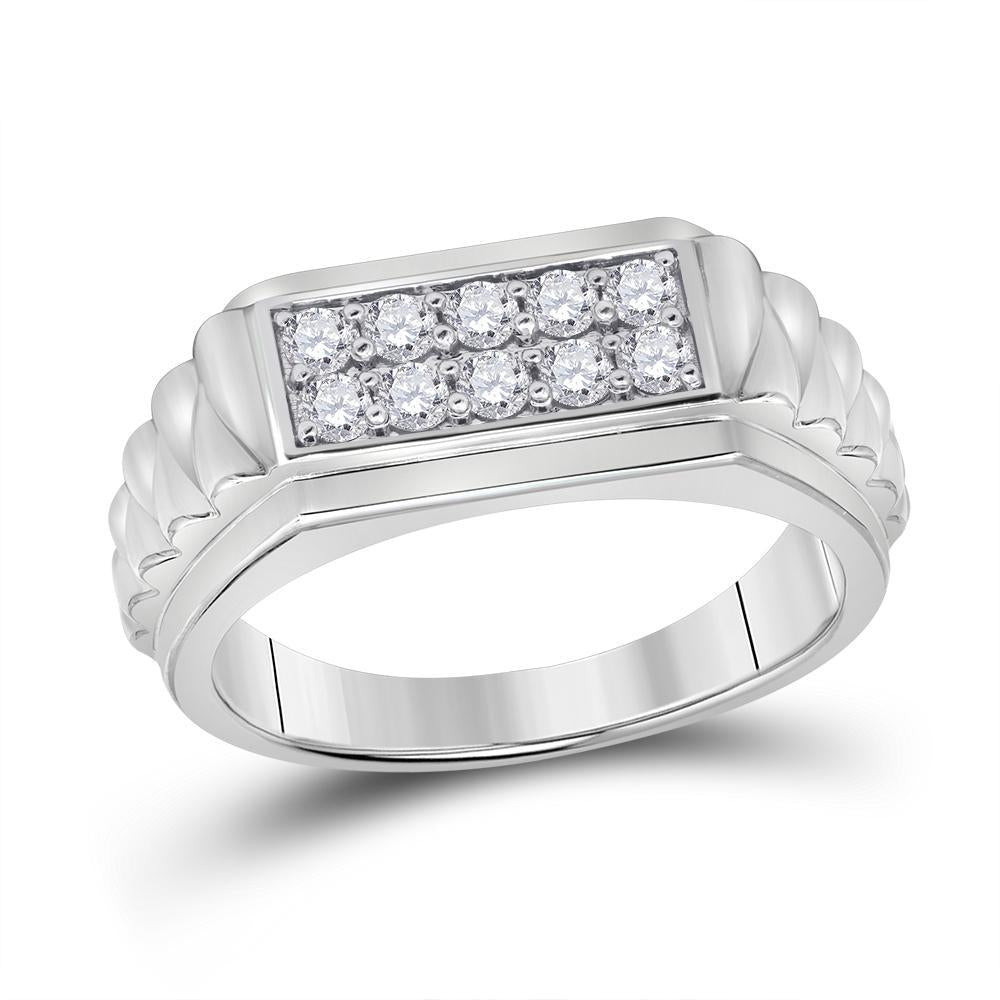 10kt White Gold Mens Round Diamond Ribbed Flat Top Band Ring 1/2 Cttw