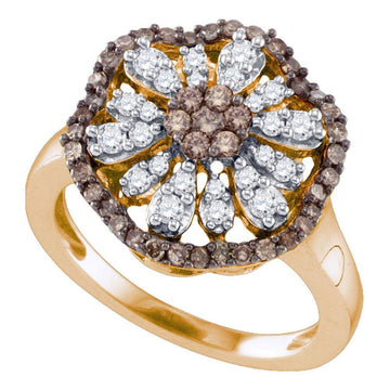 10k Rose Gold Womens Brown Round Diamond Flower Cluster Ring 3/4 Cttw