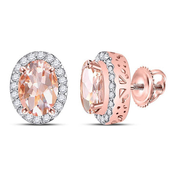 10kt Rose Gold Womens Oval Morganite Diamond Halo Earrings 2-1/5 Cttw