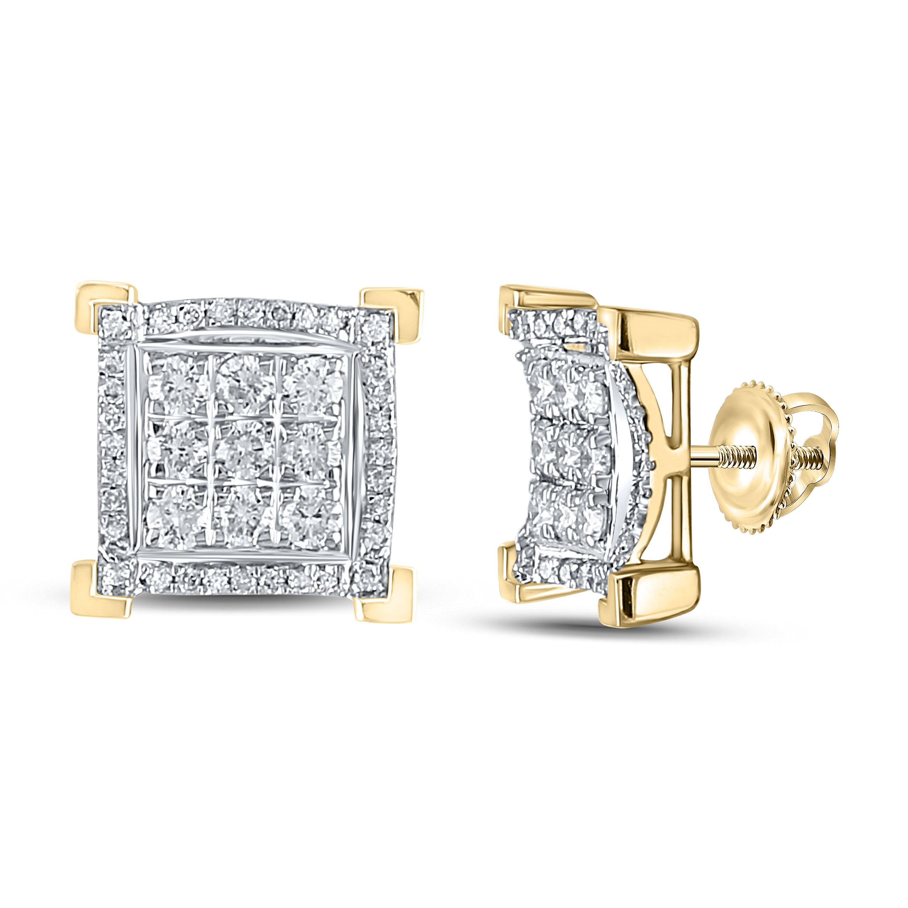 14kt Yellow Gold Mens Round Diamond Squared Cluster Earrings 1 Cttw