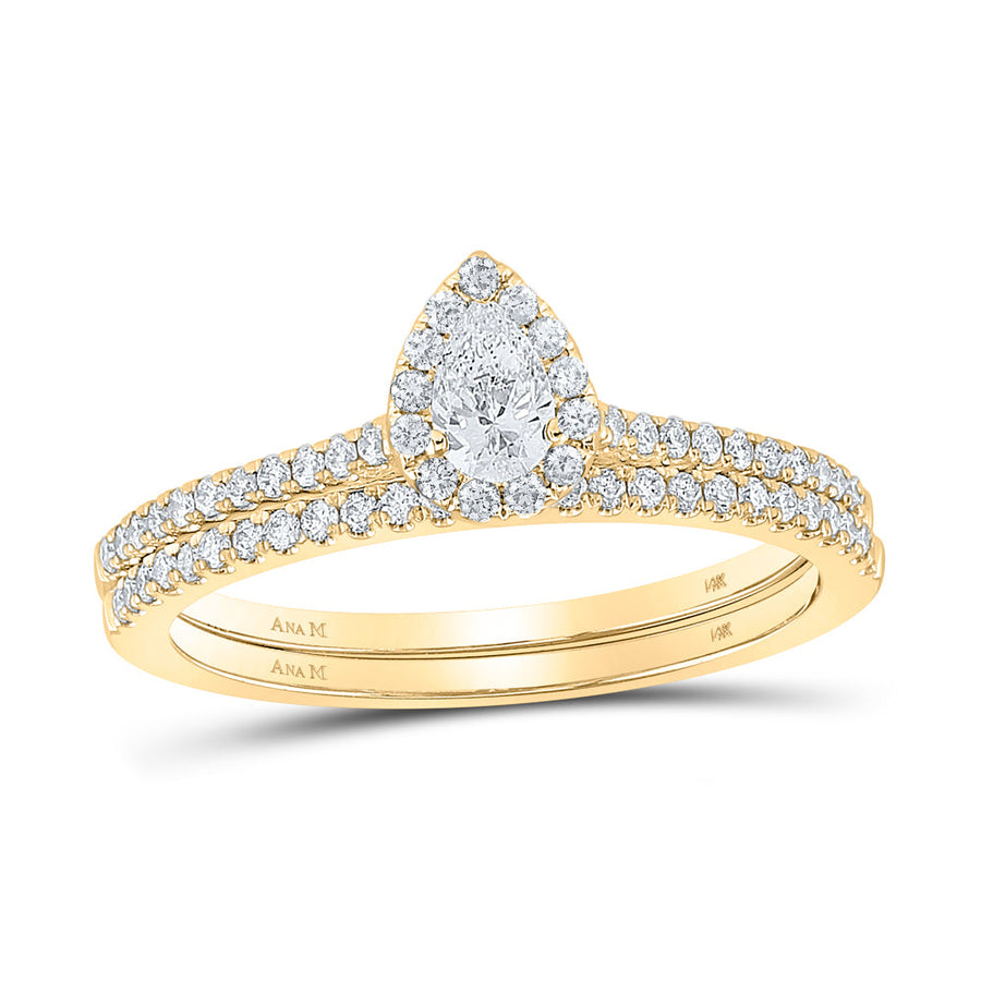 14kt Yellow Gold Pear Diamond Halo Bridal Wedding Ring Band Set 1/2 Cttw