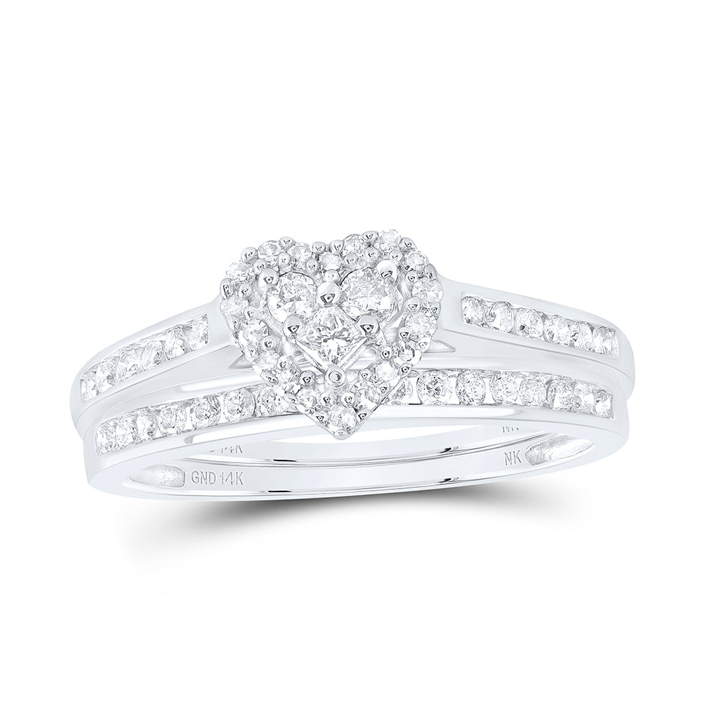 14kt White Gold Diamond Heart Bridal Wedding Ring Band Set 1/2 Cttw