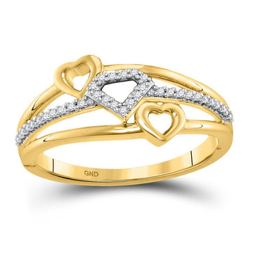 10kt Yellow Gold Womens Round Diamond Double Heart Striped Band Ring 1/10 Cttw