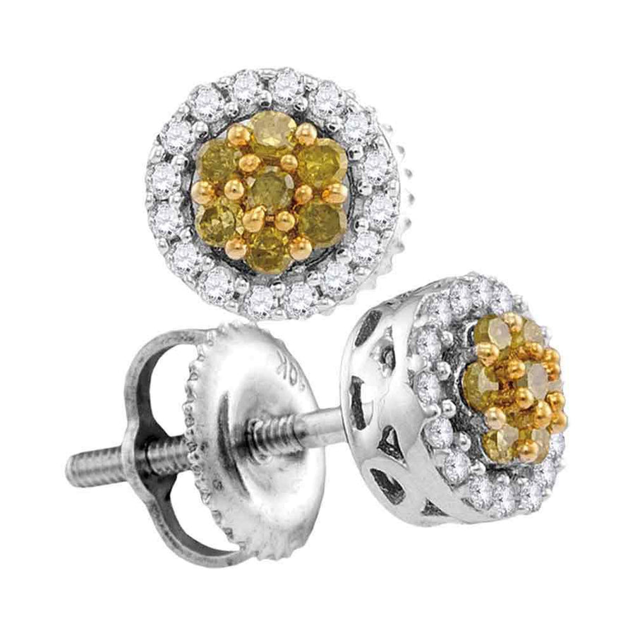 10kt White Gold Womens Round Yellow Color Enhanced Diamond Cluster Earrings 1/4 Cttw