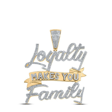 10kt Yellow Gold Mens Round Diamond Loyalty Makes You Family Phrase Charm Pendant 1-5/8 Cttw