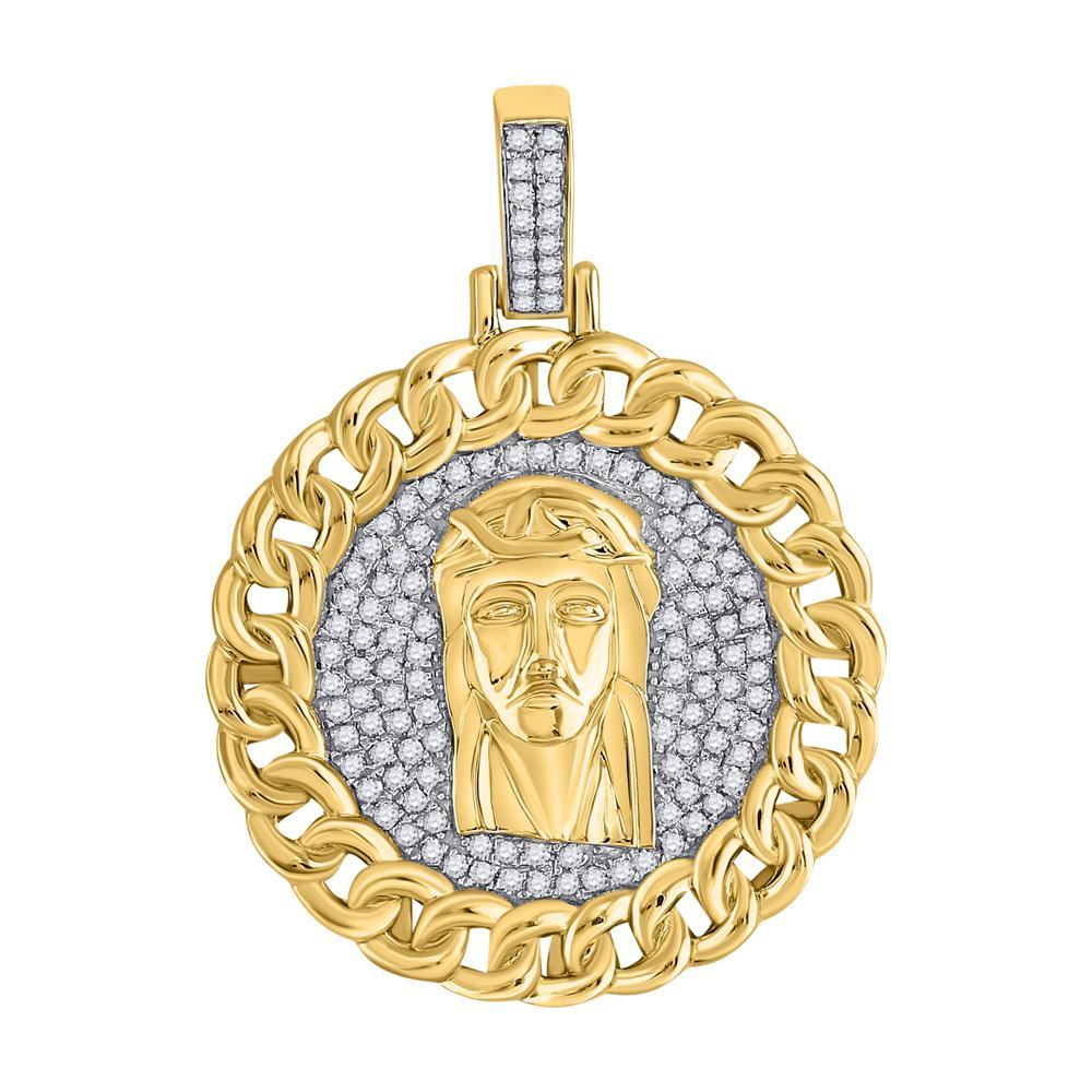 10kt Yellow Gold Mens Round Diamond Cuban Link Circle Jesus Face Pendant 1 Cttw