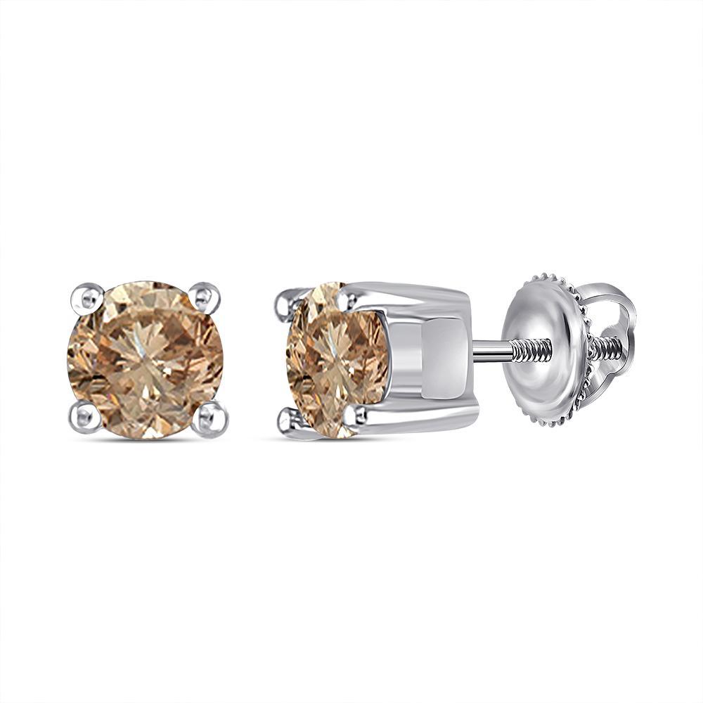 10kt White Gold Womens Round Brown Diamond Stud Earrings 1/2 Cttw
