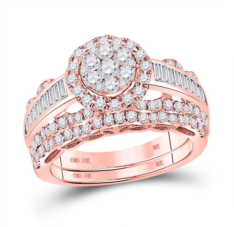 10kt Rose Gold Round Diamond Cluster Bridal Wedding Ring Band Set 1-1/2 Cttw