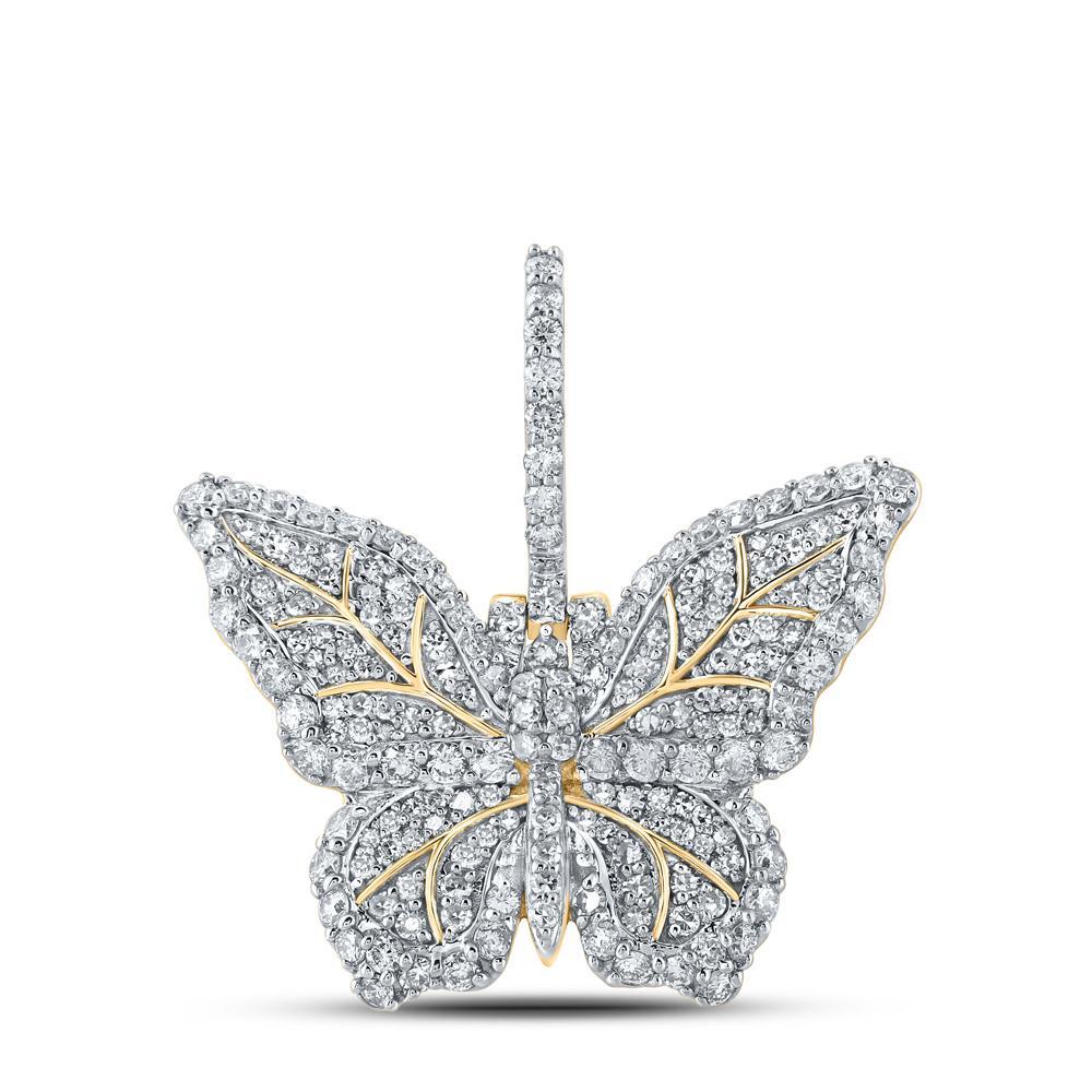 14kt Yellow Gold Mens Round Diamond Butterfly Charm Pendant 1-1/2 Cttw