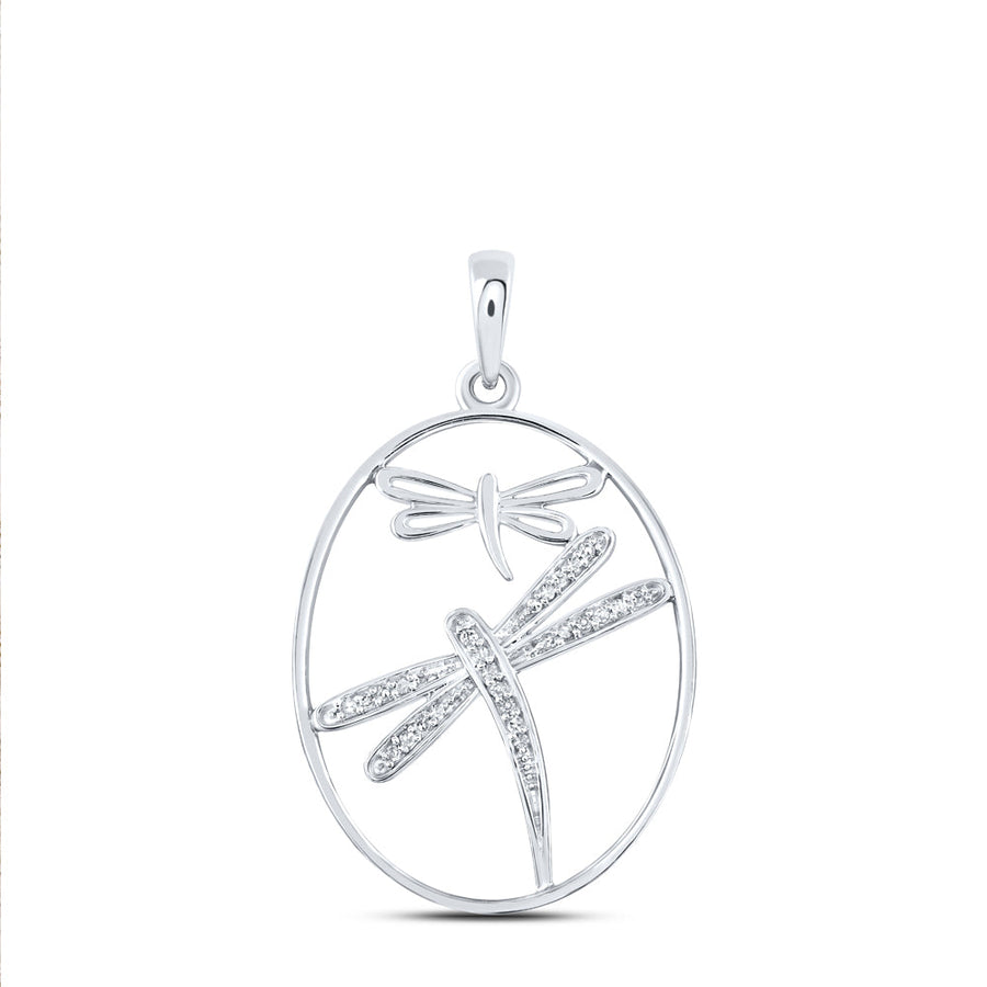 Sterling Silver Womens Round Diamond Dragonfly Oval Pendant 1/10 Cttw