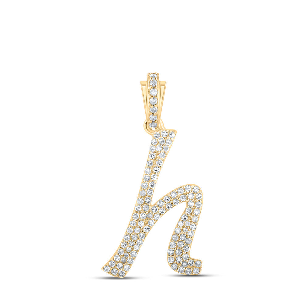 10kt Yellow Gold Womens Round Diamond H Cursive Initial Letter Pendant 3/8 Cttw