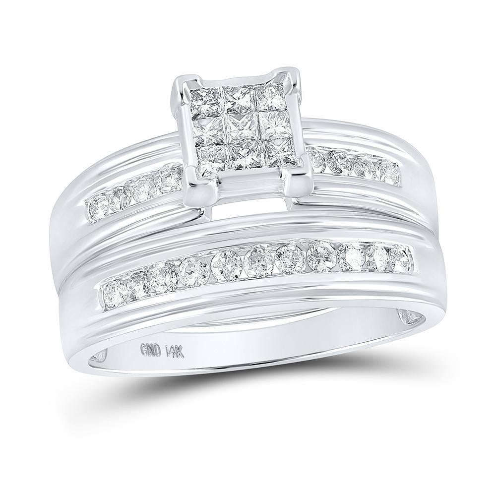 14kt White Gold His Hers Princess Diamond Cluster Matching Wedding Set 1 Cttw