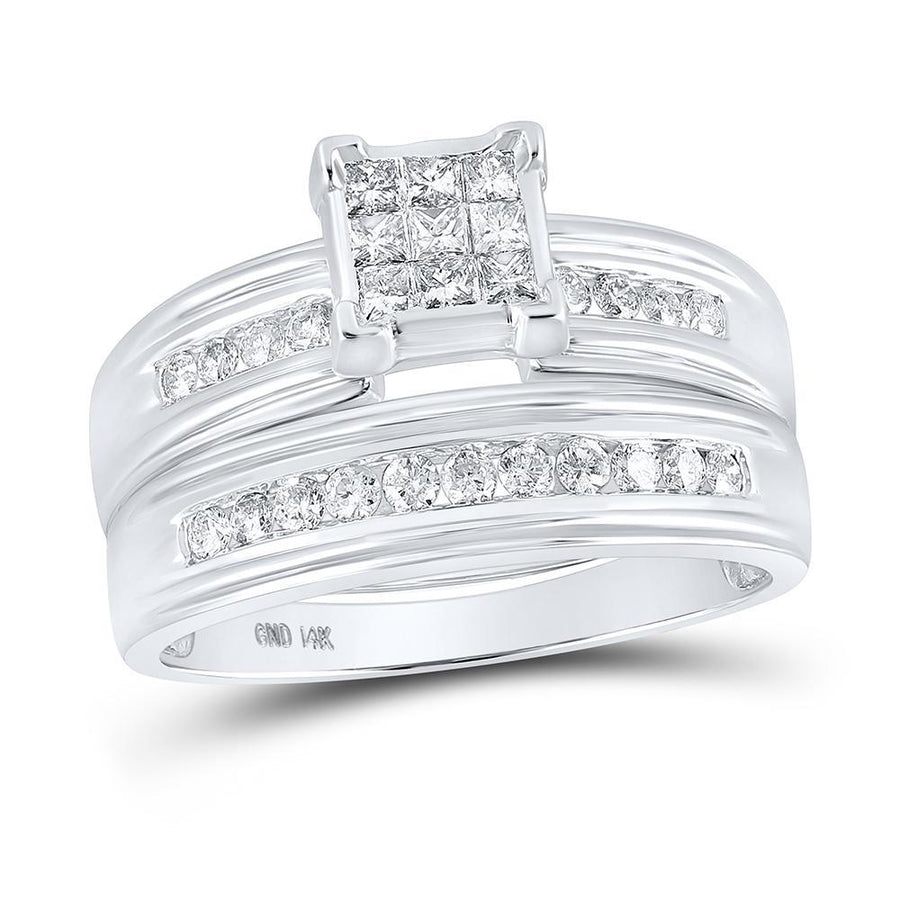 14kt White Gold His Hers Princess Diamond Cluster Matching Wedding Set 1 Cttw