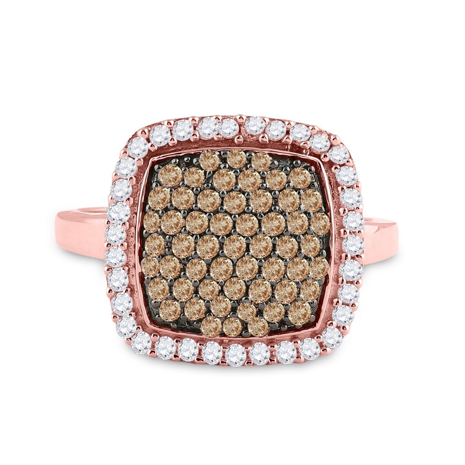 10kt Rose Gold Womens Round Brown Diamond Square Cluster Ring 1 Cttw