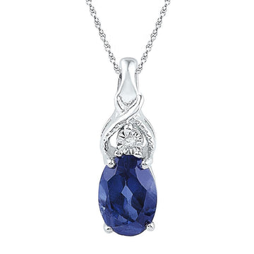10kt White Gold Womens Oval Synthetic Blue Sapphire Solitaire Diamond Pendant 7/8 Cttw