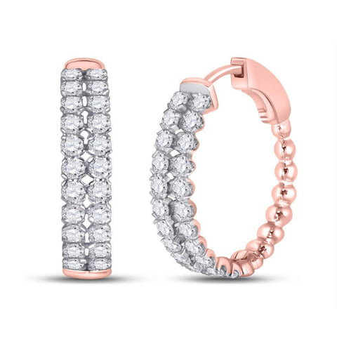 14kt Rose Gold Womens Round Diamond Double Row Hoop Earrings 2 Cttw