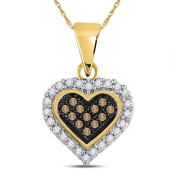 10kt Yellow Gold Womens Round Brown Diamond Heart Cluster Pendant 1/8 Cttw