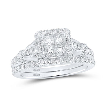10kt White Gold Princess Diamond Square Bridal Wedding Ring Band Set 7/8 Cttw