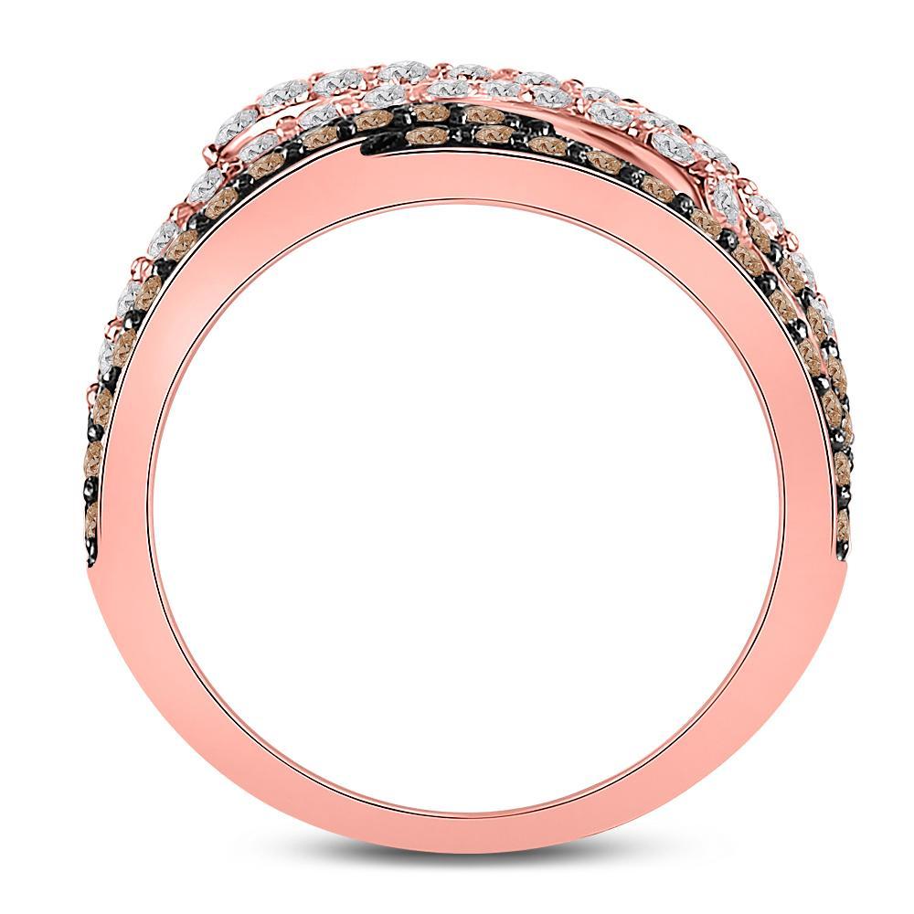 14kt Rose Gold Womens Round Brown Diamond Crossover Fashion Ring 1-1/4 Cttw