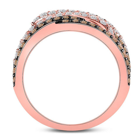 14kt Rose Gold Womens Round Brown Diamond Crossover Fashion Ring 1-1/4 Cttw