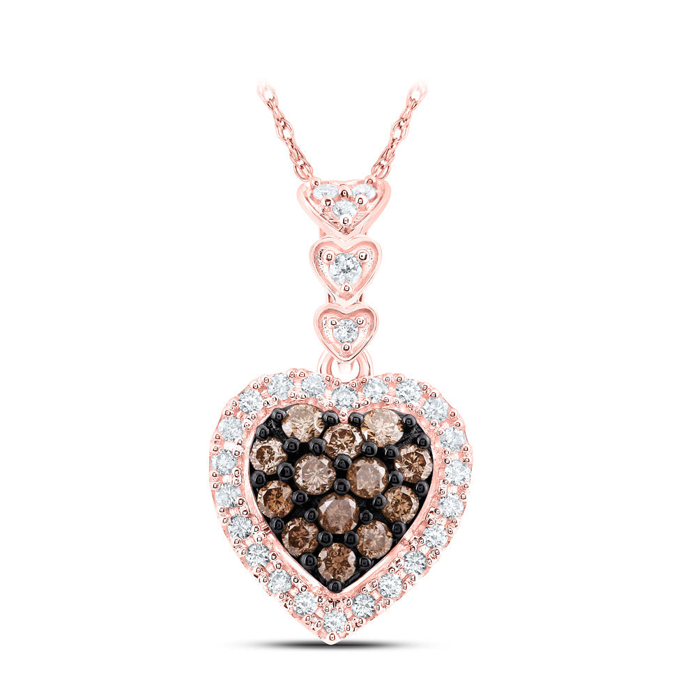 10kt Rose Gold Womens Round Brown Diamond Heart Pendant 1/2 Cttw