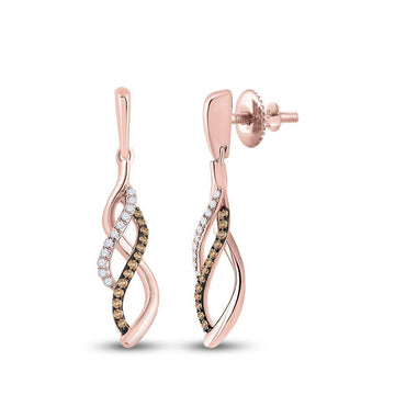 14kt Rose Gold Womens Round Brown Diamond Dangle Earrings 1/5 Cttw