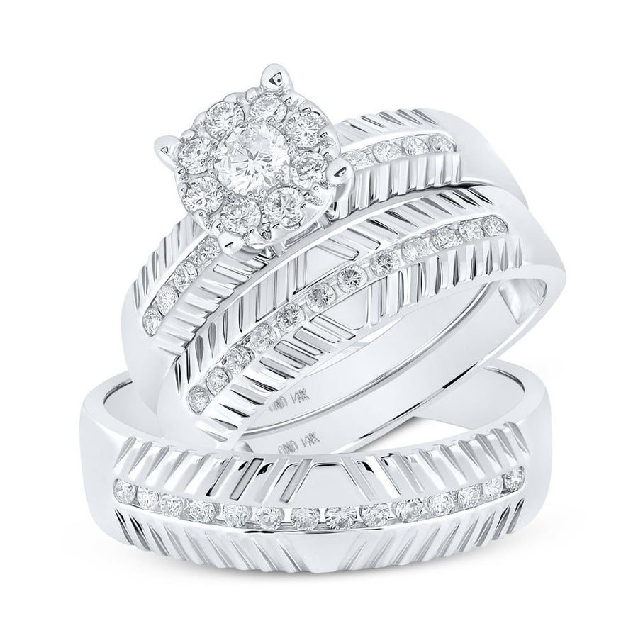 14kt White Gold His Hers Round Diamond Cluster Matching Wedding Set 3/4 Cttw