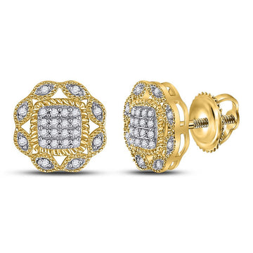 10kt Yellow Gold Womens Round Diamond Octagon Cluster Earrings 1/6 Cttw