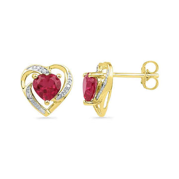 10kt Yellow Gold Womens Round Lab-Created Ruby Diamond Heart Earrings 3/8 Cttw
