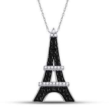10kt White Gold Womens Black Color Enhanced Diamond Eiffel Tower Pendant 1/3 Cttw