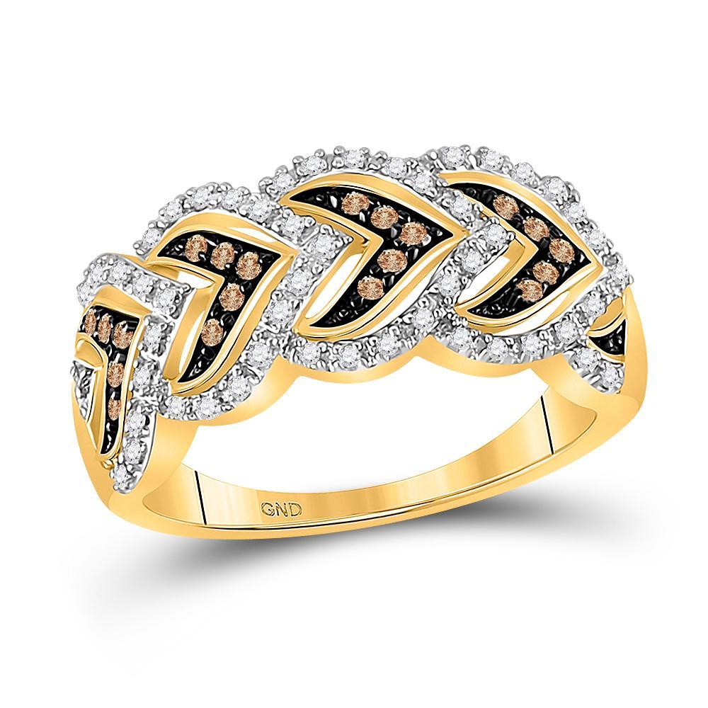 10kt Yellow Gold Womens Round Brown Diamond Cascading Heart Band Ring 1/4 Cttw