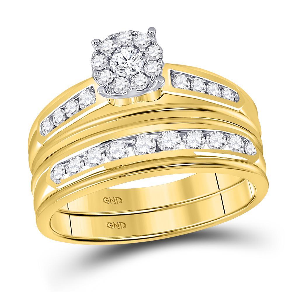 14kt Yellow Gold His Hers Round Diamond Cluster Matching Wedding Set 1 Cttw