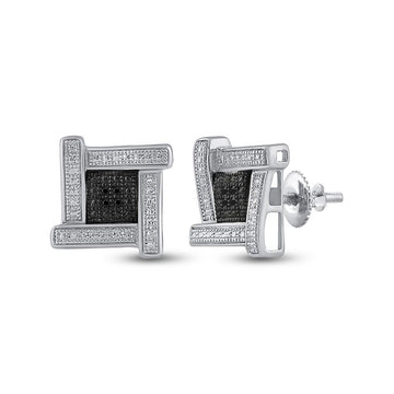 Sterling Silver Round Black Color Enhanced Diamond Square Earrings .03 Cttw