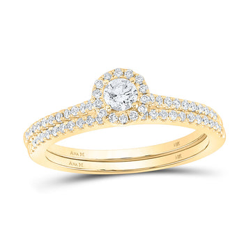 14kt Yellow Gold Round Diamond Halo Bridal Wedding Ring Band Set 1/2 Cttw