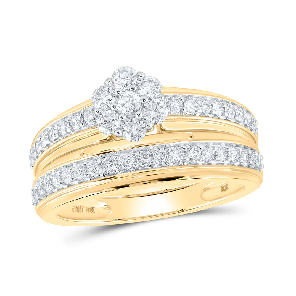 10kt Yellow Gold His Hers Round Diamond Cluster Matching Wedding Set 1 Cttw