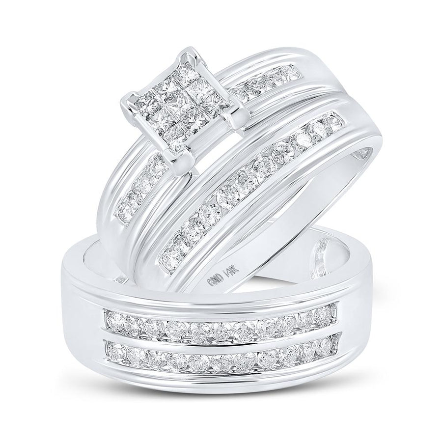 14kt White Gold His Hers Princess Diamond Cluster Matching Wedding Set 1 Cttw