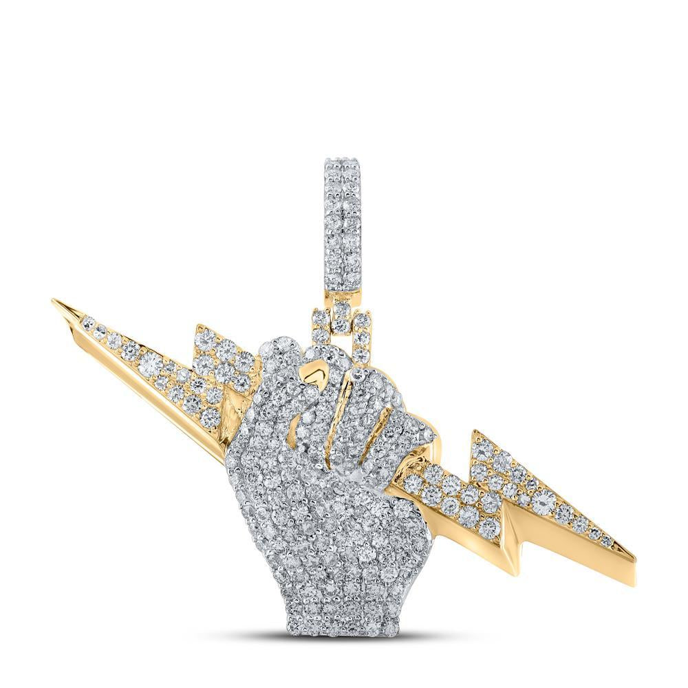10kt Yellow Gold Mens Round Diamond Lightning Bolt Fist Charm Pendant 2-3/8 Cttw
