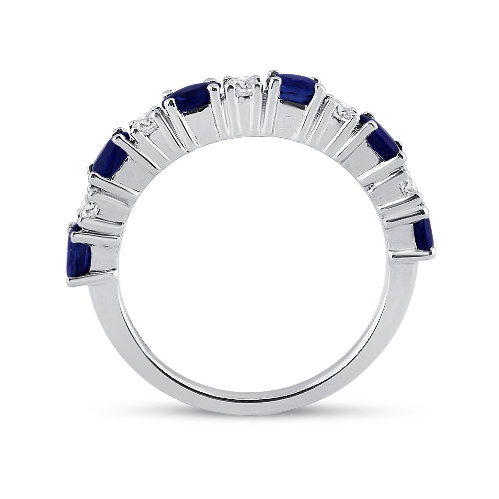 10kt White Gold Womens Oval Blue Sapphire Diamond Alternating Band Ring 1-1/2 Cttw