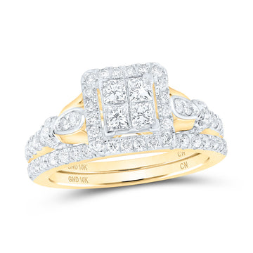 10kt Yellow Gold Princess Diamond Square Bridal Wedding Ring Band Set 7/8 Cttw