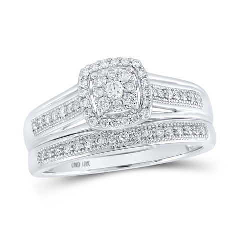 10kt White Gold Round Diamond Cluster Bridal Wedding Ring Band Set 1/3 Cttw