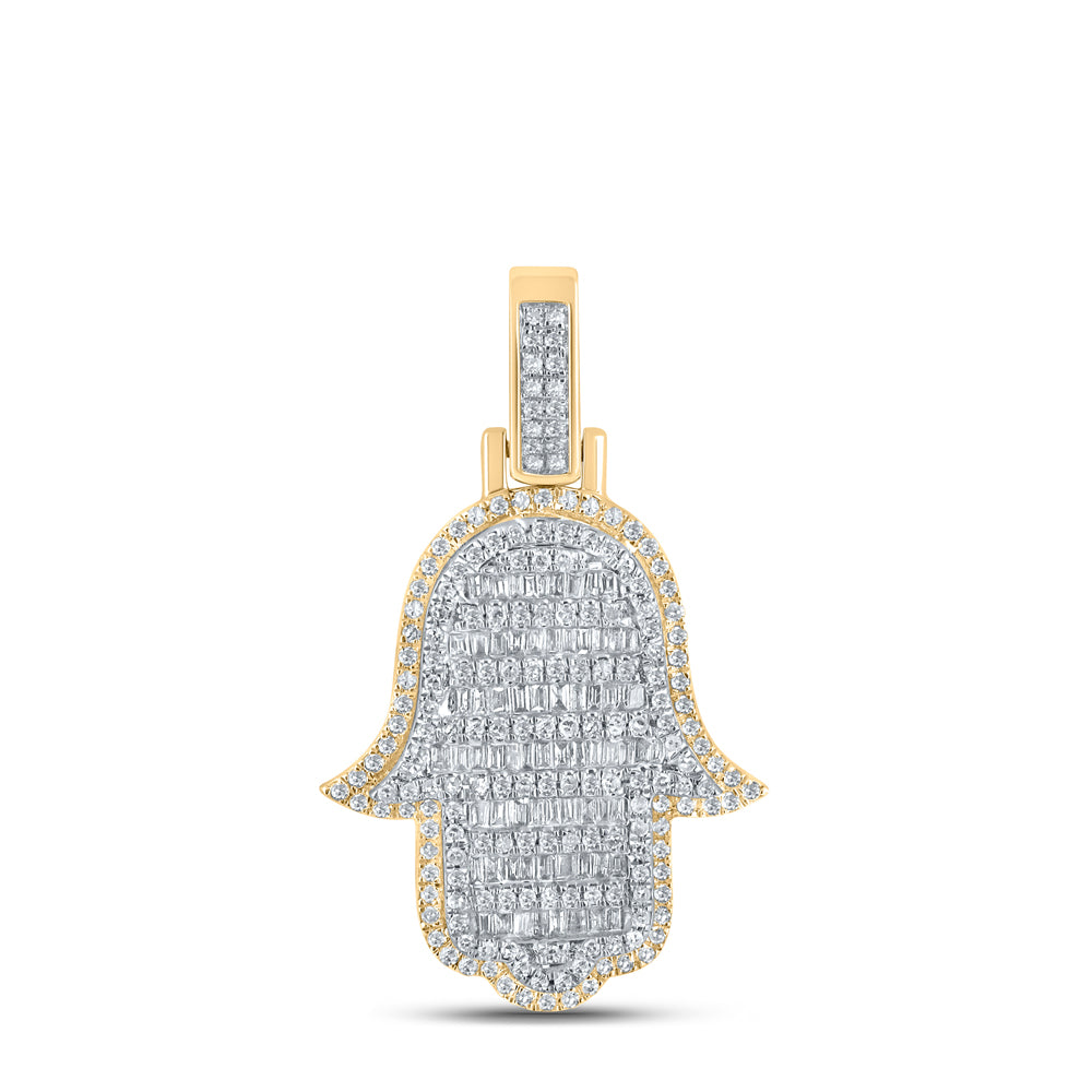 10kt Yellow Gold Mens Baguette Diamond Hamsa Charm Pendant 7/8 Cttw