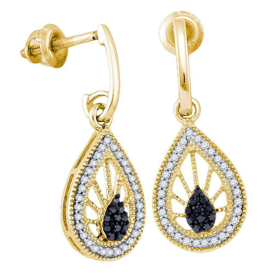 10kt Yellow Gold Womens Round Black Color Enhanced Diamond Teardrop Dangle Earrings 1/4 Cttw
