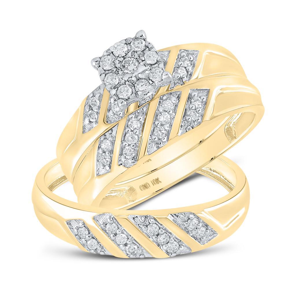 10kt Yellow Gold His Hers Round Diamond Cluster Matching Wedding Set 1/3 Cttw