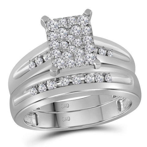 10kt White Gold His Hers Round Diamond Cluster Matching Wedding Set 5/8 Cttw